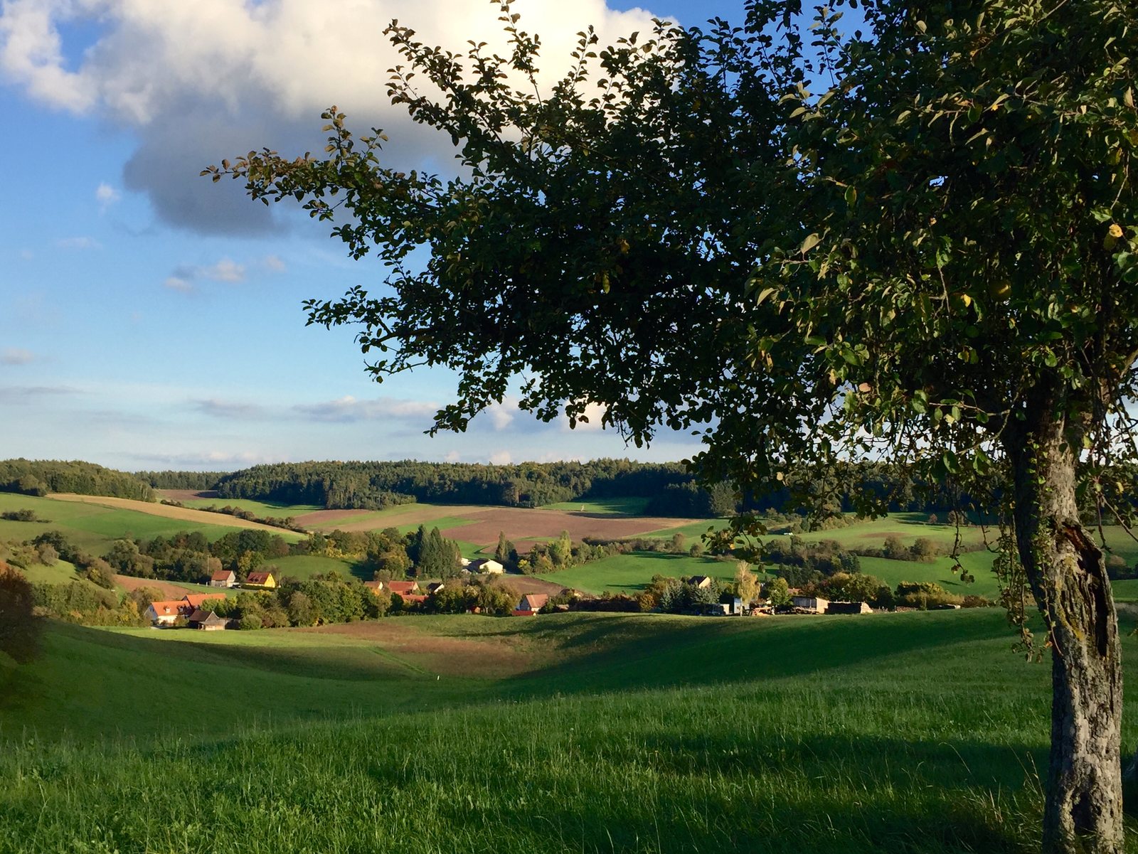 Abendlicht über der Landschaft bei Prühl im Steigerwald, Dorf im Tal umgeben von Hügeln